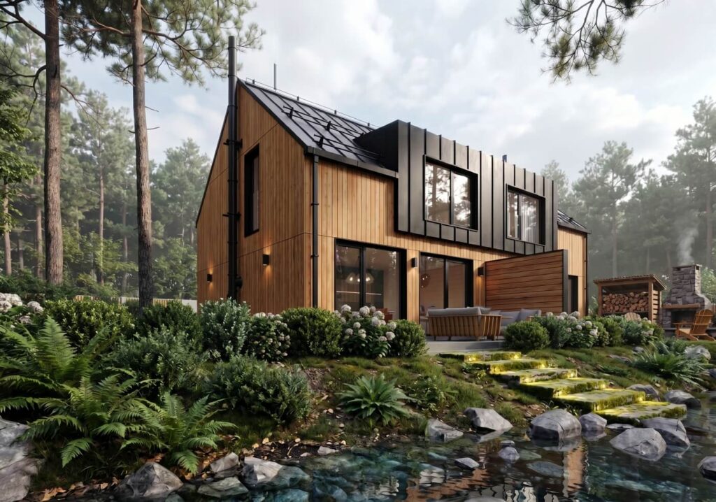 Exteriérová 3D vizualizace moderní dřevostavby se sedlovou střechou u jezera v lese.