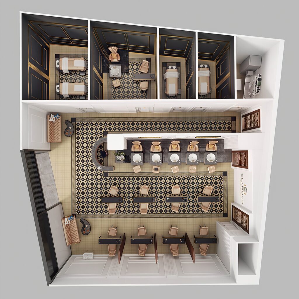 3D půdorys nehtového studia z nadhledu s detailním rozložením nábytku, pracovních zón, recepce a čekárny v moderním stylu.