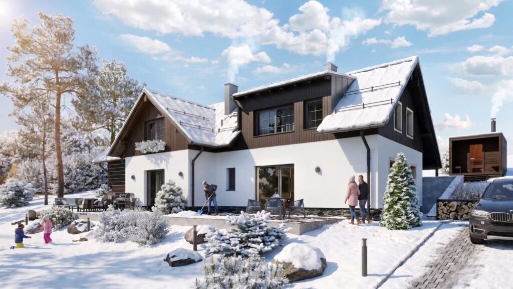 3D vizualizace moderního rodinného domu v zasněžené krajině s venkovní saunou a hrajícími si dětmi.
