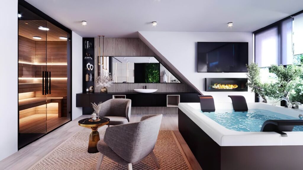 3D vizualizace luxusního domácího wellness se saunou, vířivkou, krbem a relaxační zónou.