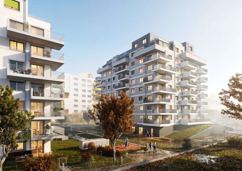 bytový dům, vizualizace s pohledu lidského oka, město, Vídeň, veřejné plochy, park
