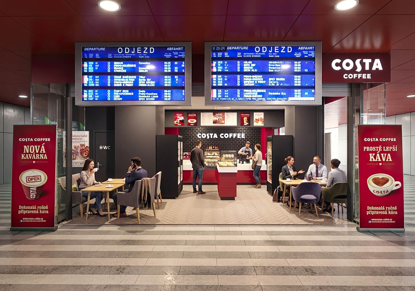 3D vizualizace interiéru rušné moderní restaurace s lidmi u stolů, dřevěným obložením, otevřeným prostorem a industriálním osvětlením.