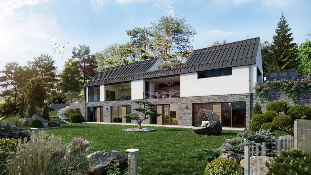 3D vizualizace rozkvetlé zahrady u moderní vily s růžovými květinami, okrasnými keři a detailní zelení v popředí.